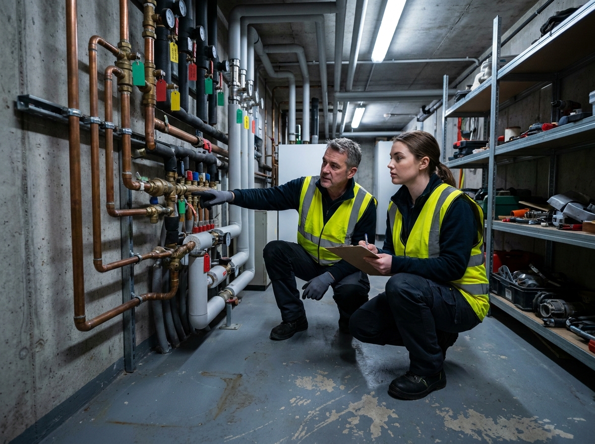 Deux chauffagistes professionnels inspectant un réseau de tuyauterie complexe dans une chaufferie de sous-sol