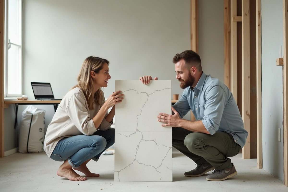 Couple choisissant un carrelage dans une salle de bain en rénovation en comparant un échantillon de carrelage porcelaine