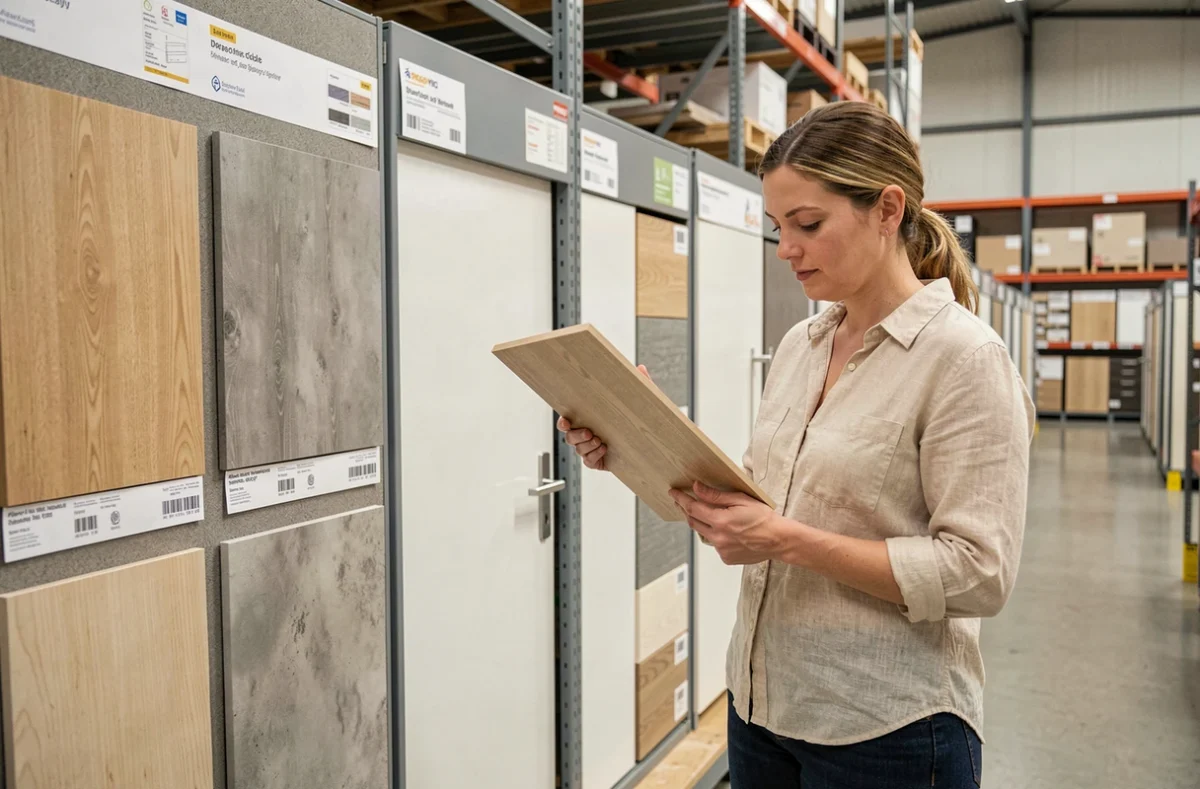Femme examinant des panneaux de finition pour penderie dans un magasin de bricolage avec échantillons exposés