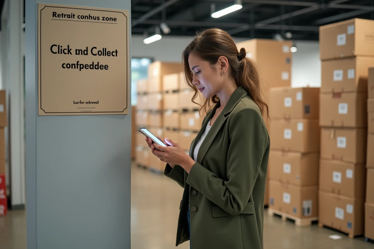 Femme consultant son téléphone dans la zone retrait click and collect d'un magasin Alinea