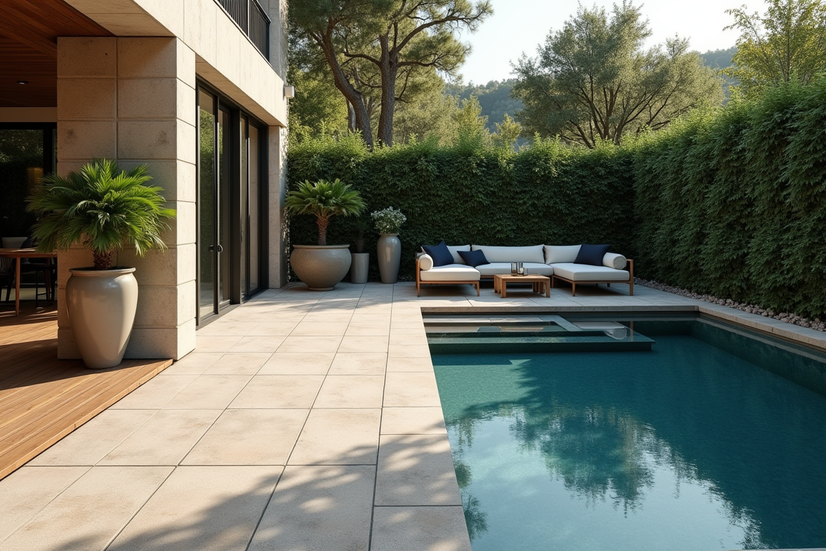 Coin patio élégant avec piscine et plantes décoratives