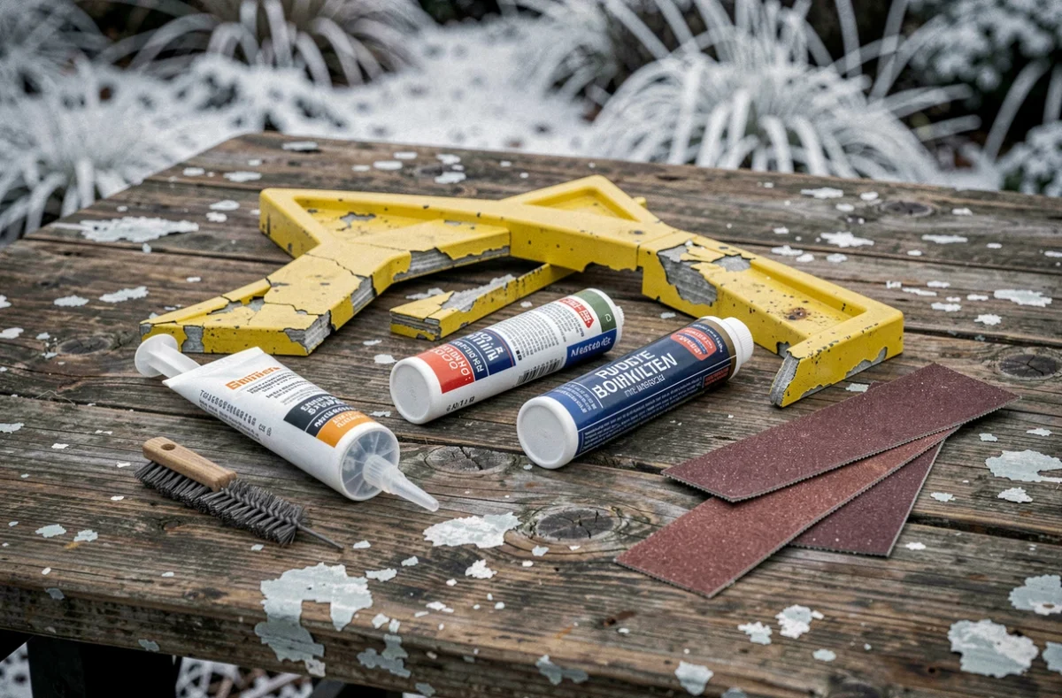 Produits de colle spéciale plastique extérieur disposés sur un établi en bois avec des fragments de plastique fissuré et des outils de préparation de surface