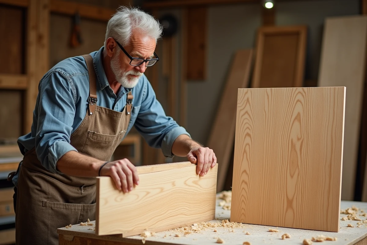Artisan comparant un panneau de bois massif et un panneau MDF dans un atelier de menuiserie professionnel