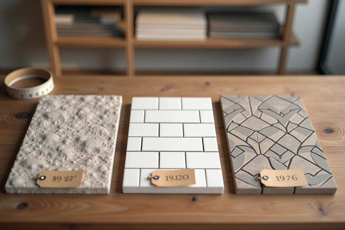 Comparaison de trois types de carrelage avec étiquettes de prix au m2 dans un showroom de matériaux de construction