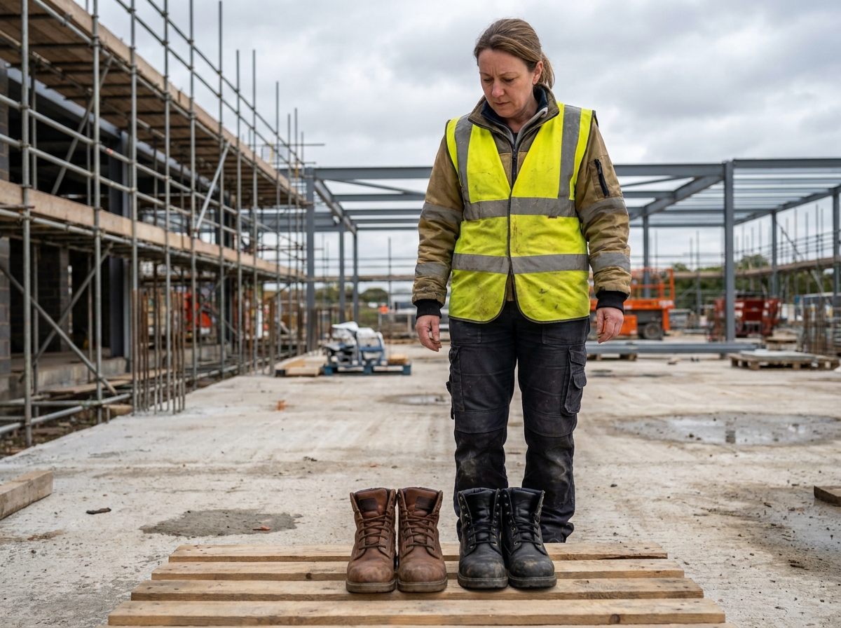Comparaison de chaussures de sécurité femme sur un chantier de construction en extérieur