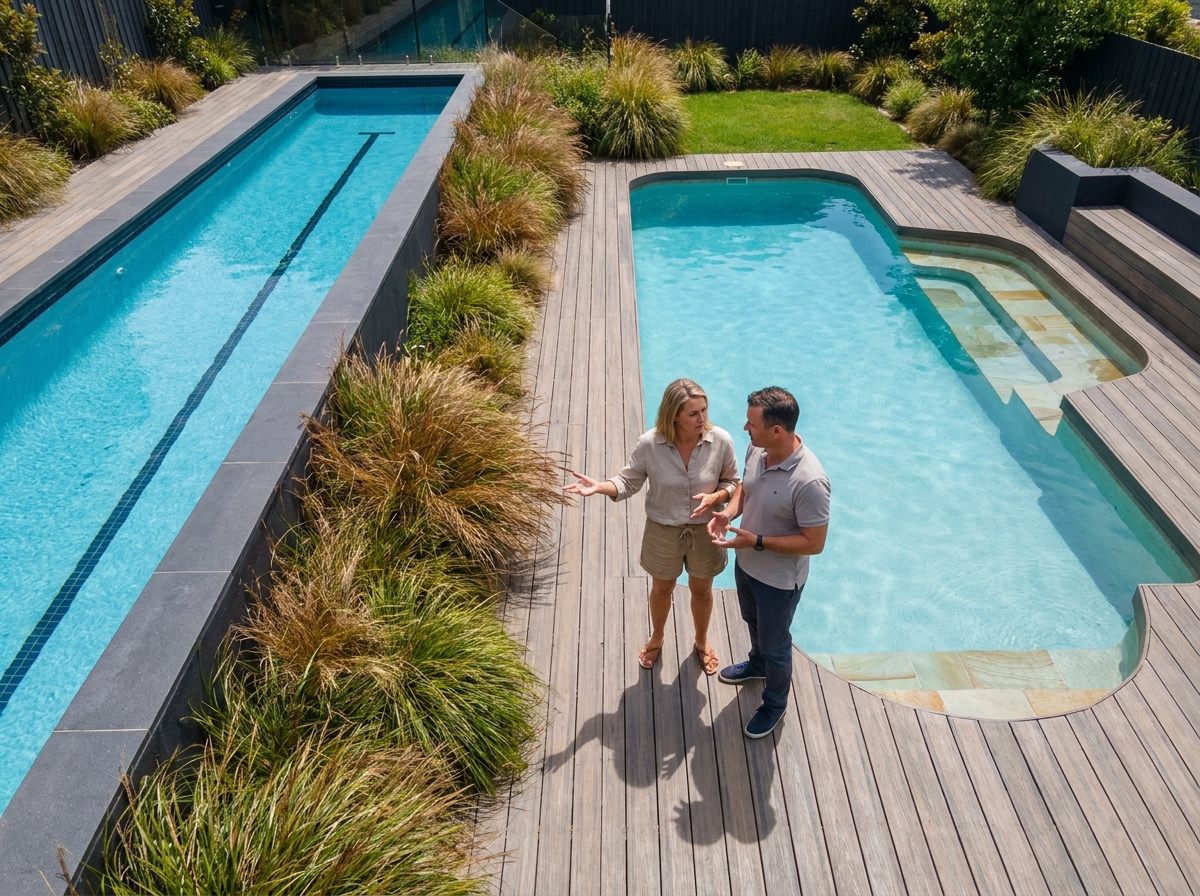 Couple comparant un couloir de nage et une piscine familiale côte à côte dans un jardin résidentiel aménagé