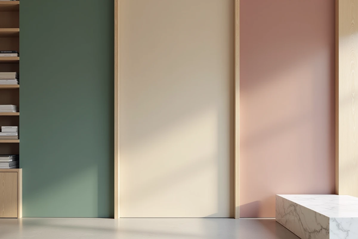 Comparaison de trois finitions de peinture luxe mate, satinée et velours en vert, beige et rose sur panneau mural en showroom design