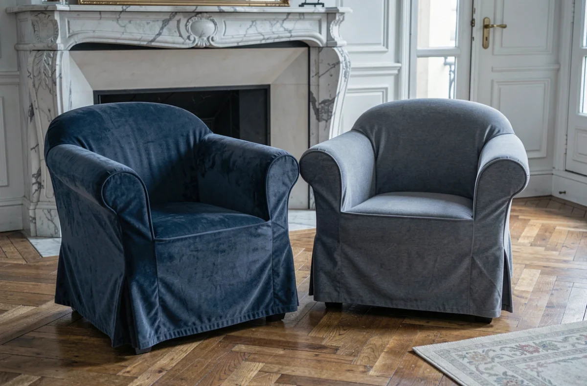 Comparaison côte à côte d'une housse sur mesure en velours et d'une housse extensible en jersey sur deux petits fauteuils dans un appartement parisien