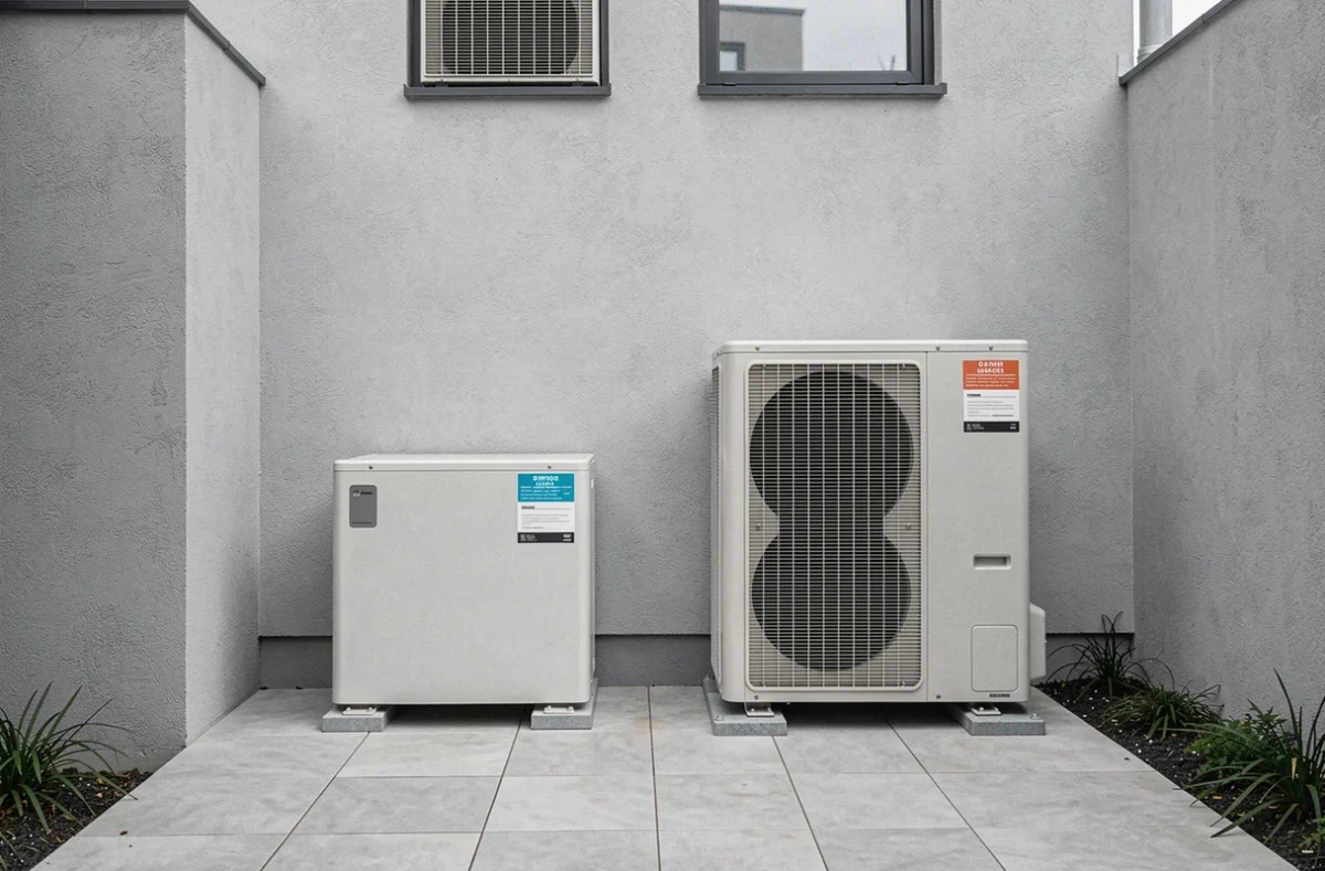 Comparaison de deux modèles de pompes à chaleur installées côte à côte sur une façade résidentielle
