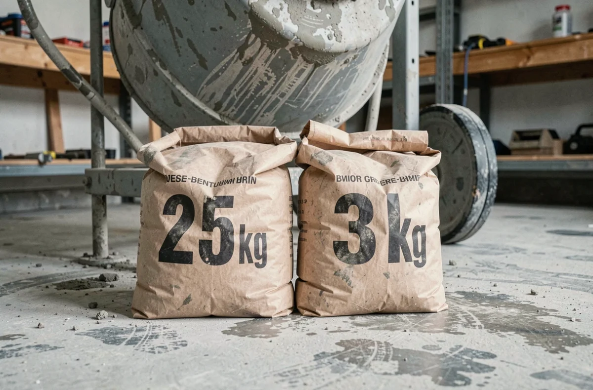 Comparaison côte à côte d'un sac de ciment 25 kg et 35 kg devant une bétonnière dans un atelier de bricolage