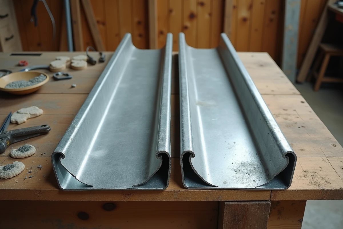 Comparaison côte à côte d'une gouttière en zinc neuf et d'une gouttière en zinc oxydé prêtes à être soudées
