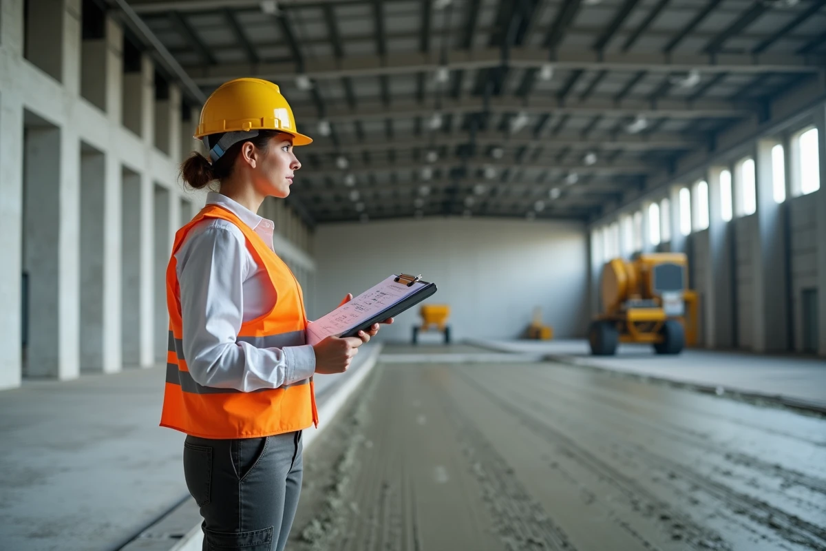 Conductrice de travaux inspectant une chape mortier coulée dans un bâtiment industriel en construction