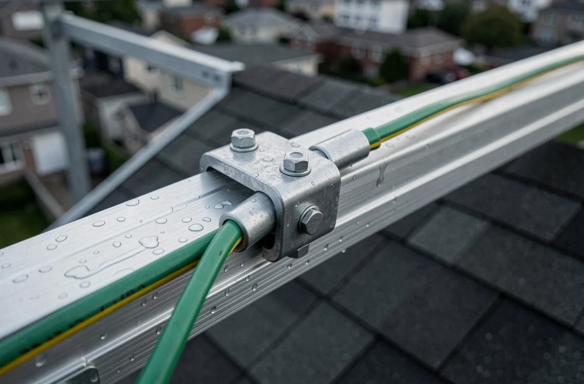 Gros plan sur un connecteur de mise à la terre fixé sur le rail de montage d'un panneau solaire