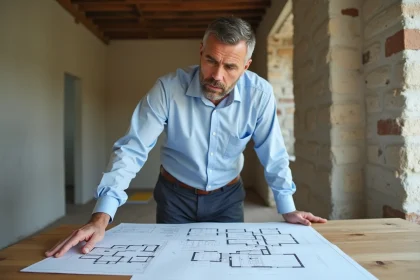 Conseiller en rénovation d'appartement à Bernay examinant des plans architecturaux avec accompagnement TOUSRENOV