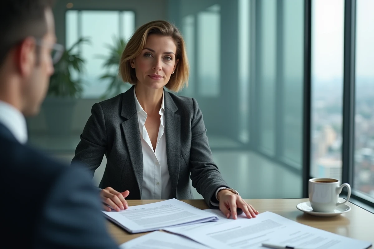 Conseillère juridique expliquant les clauses protectrices d'un contrat de devis travaux face à un litige