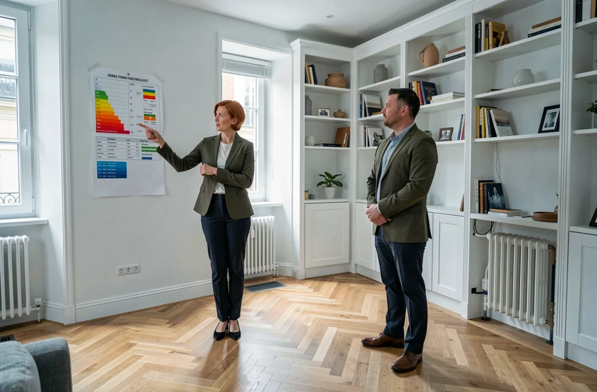 Conseillère en rénovation énergétique présentant le bilan thermique d'un logement à un propriétaire