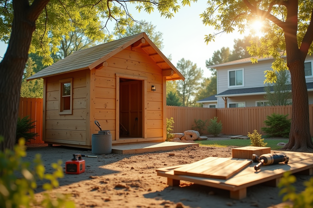 Petite construction en bois en cours dans un jardin lumineux