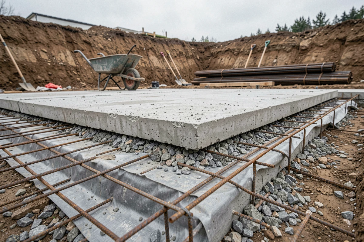 Coupe transversale d'une dalle en béton armé montrant les couches de gravier, membrane et treillis sur un chantier