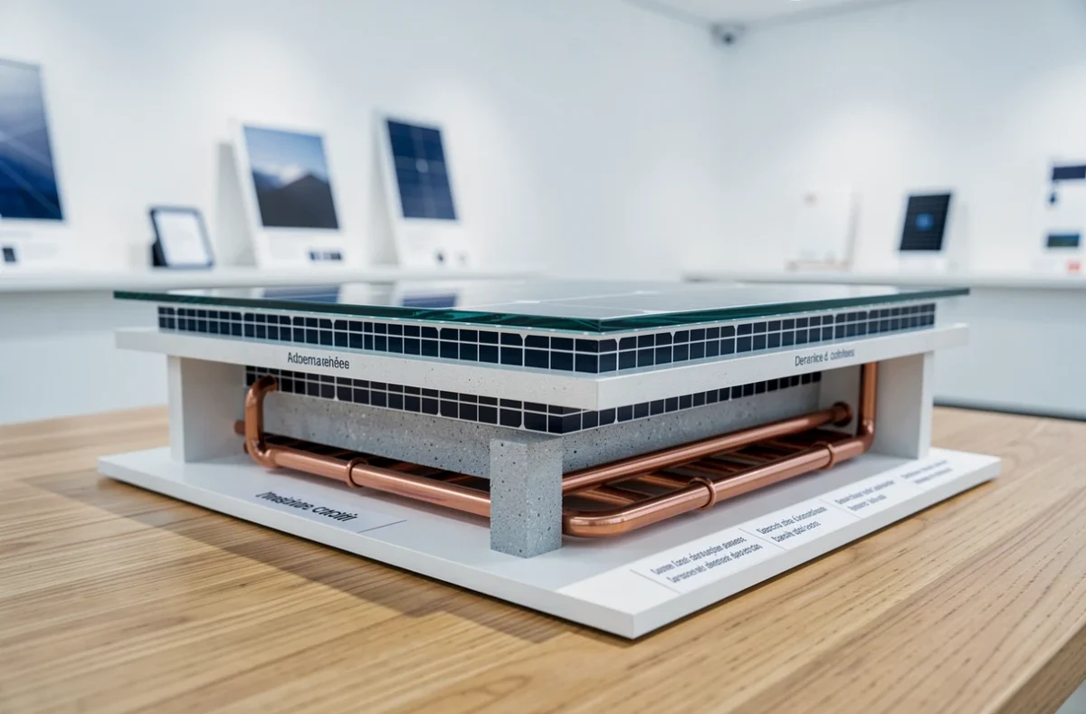 Coupe transversale d'un panneau solaire hybride exposée en showroom, révélant les couches photovoltaïques et le circuit thermique en cuivre
