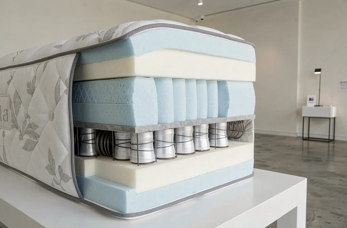 Coupe transversale du matelas Simmons Lotus révélant les couches de mousse et les ressorts ensachés pour une analyse experte