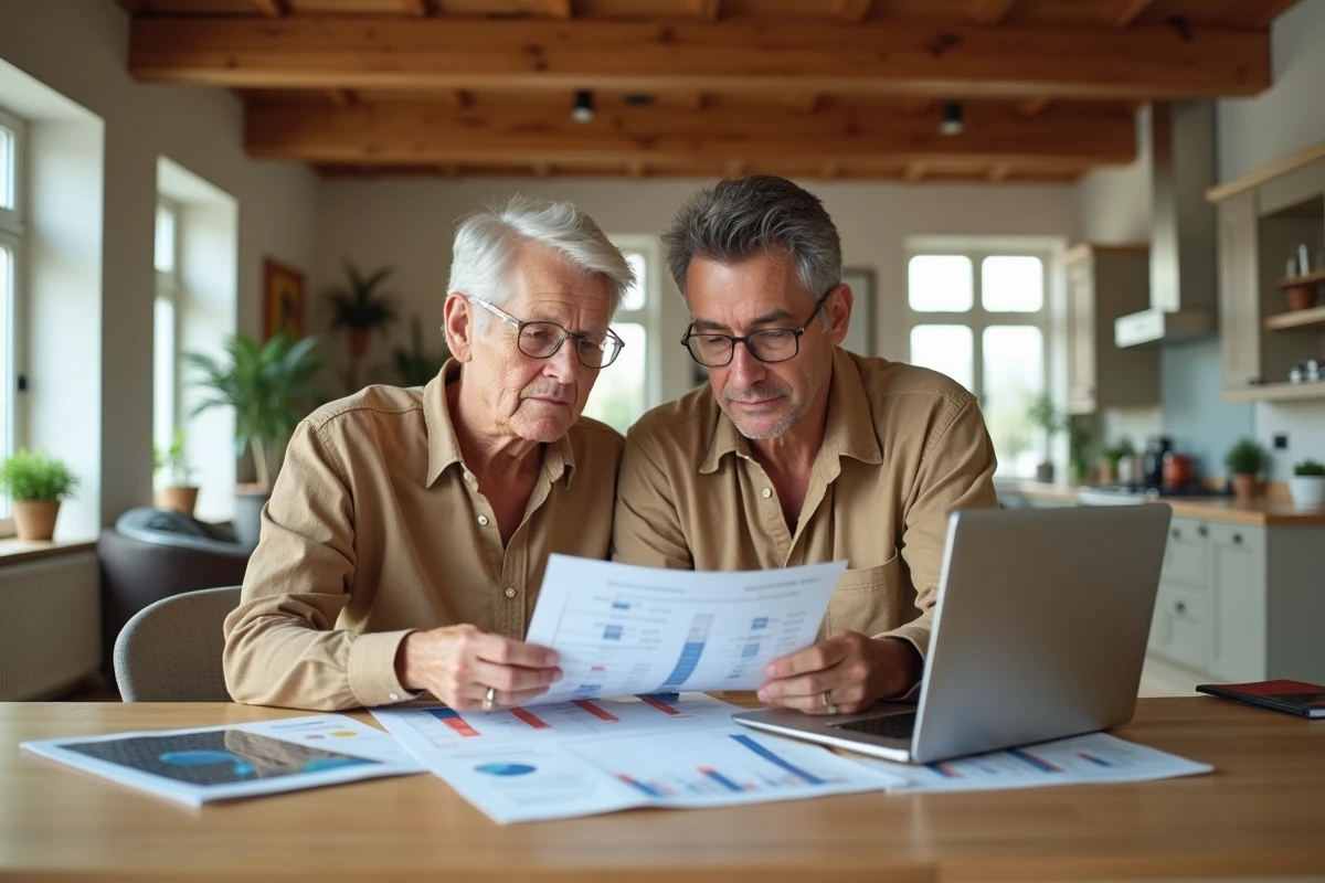 Couple étudiant un audit énergétique à domicile dans un salon moderne avec fenêtres double vitrage et documents de rénovation