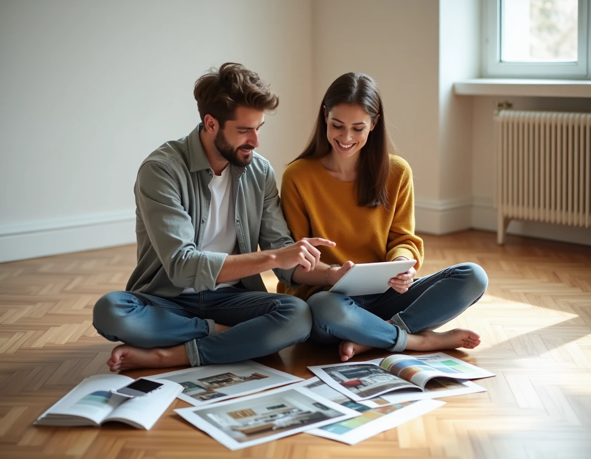 Couple choisissant leur style de décoration intérieure assis sur le parquet entourés de catalogues et d'échantillons de couleurs