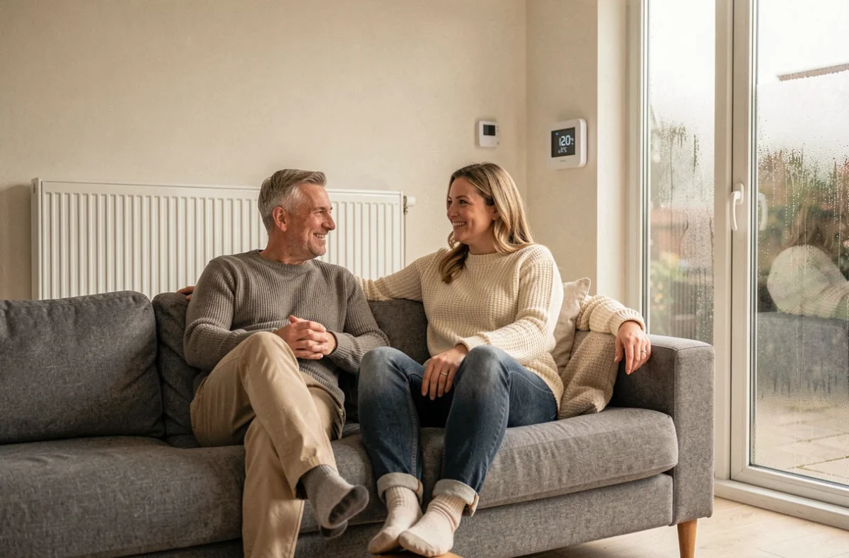 Couple confortable dans un salon chauffé par un radiateur à eau connecté à une pompe à chaleur avec thermostat intelligent