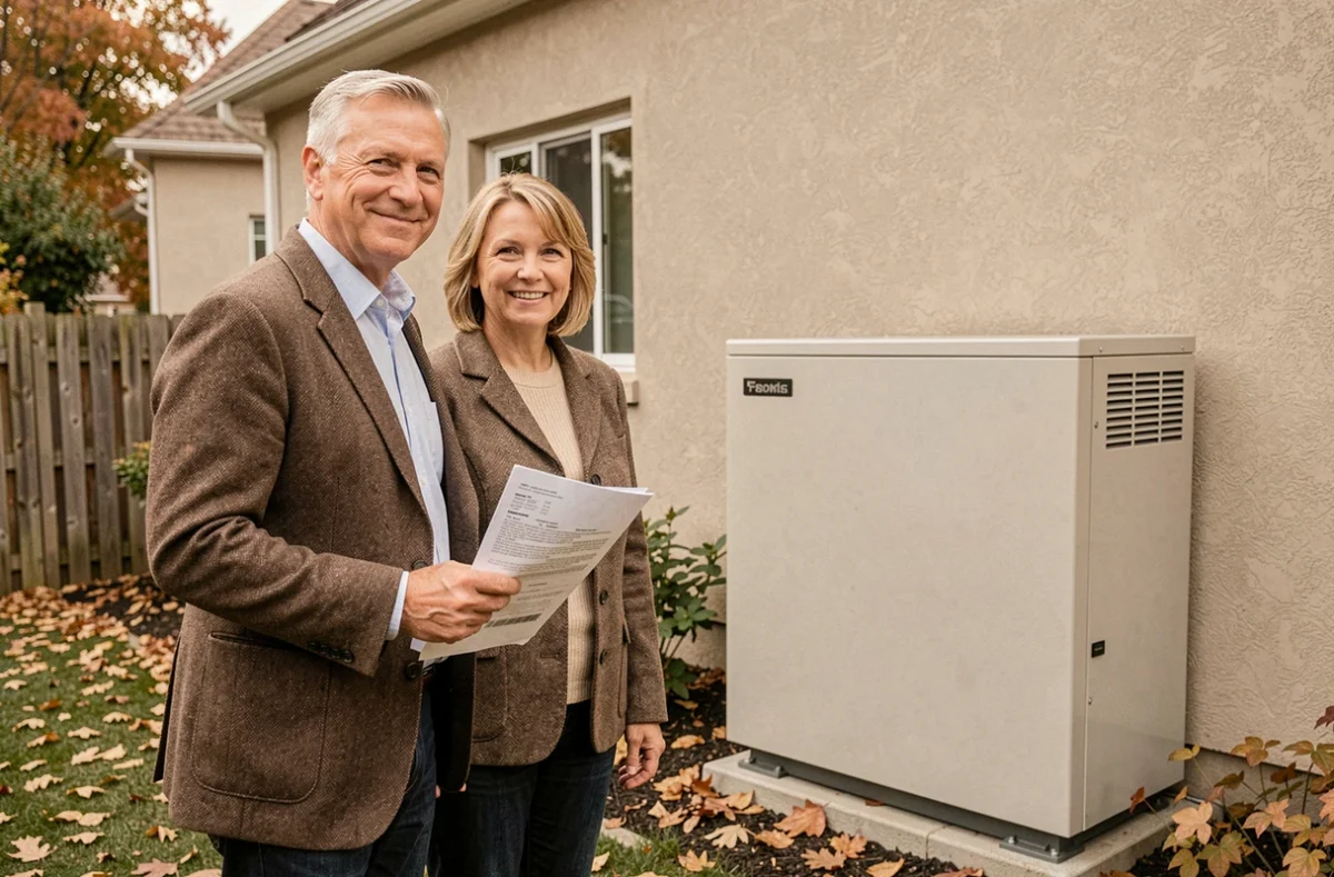 Couple satisfait devant leur nouvelle pompe à chaleur installée dans le jardin de leur maison en automne