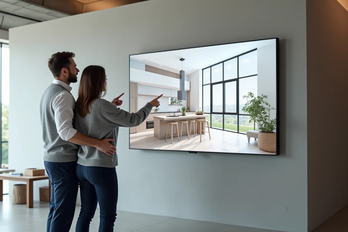 Couple découvrant la visualisation 3D de leur future maison dans un studio de décoration intérieure