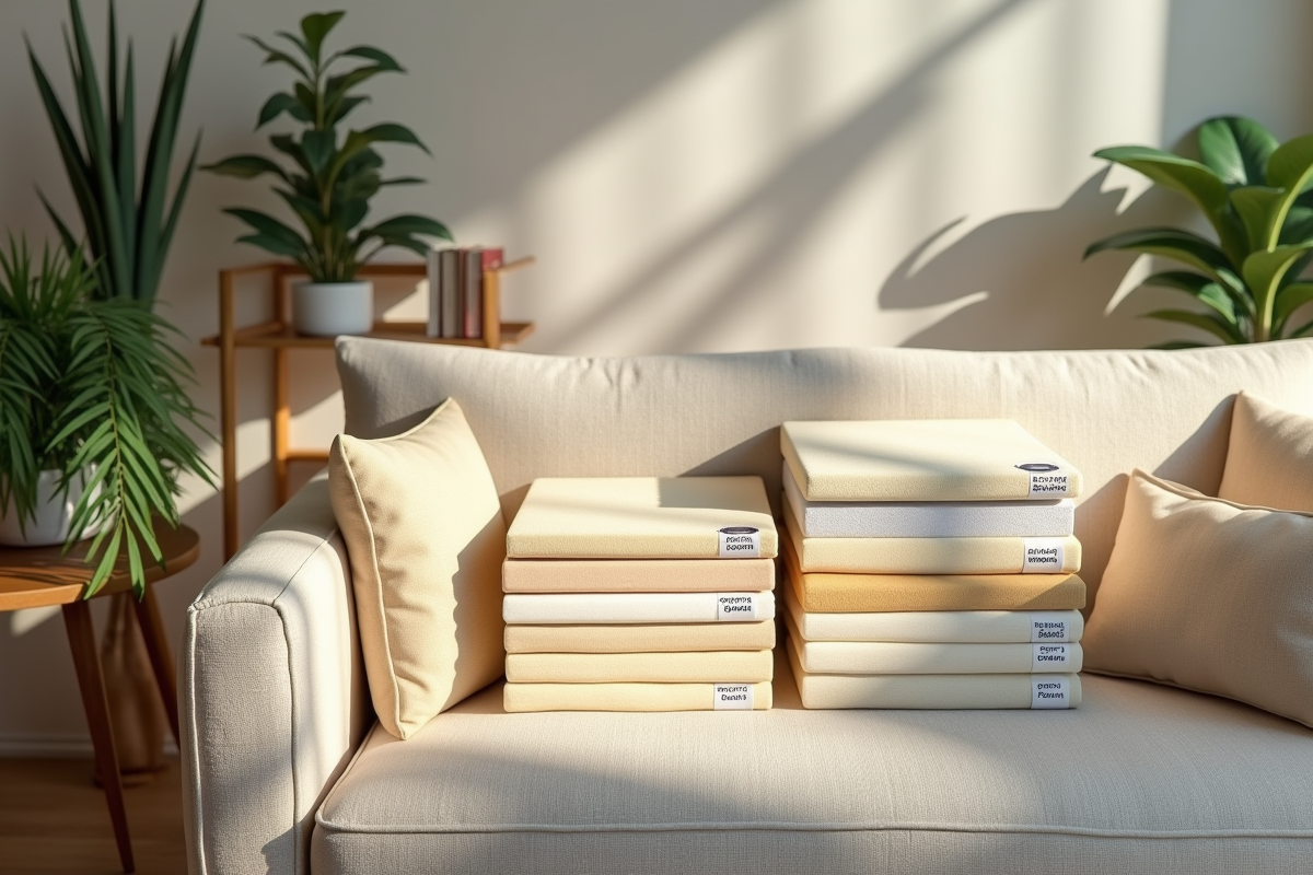 Echantillons de mousse de coussin sur un sofa avec decor