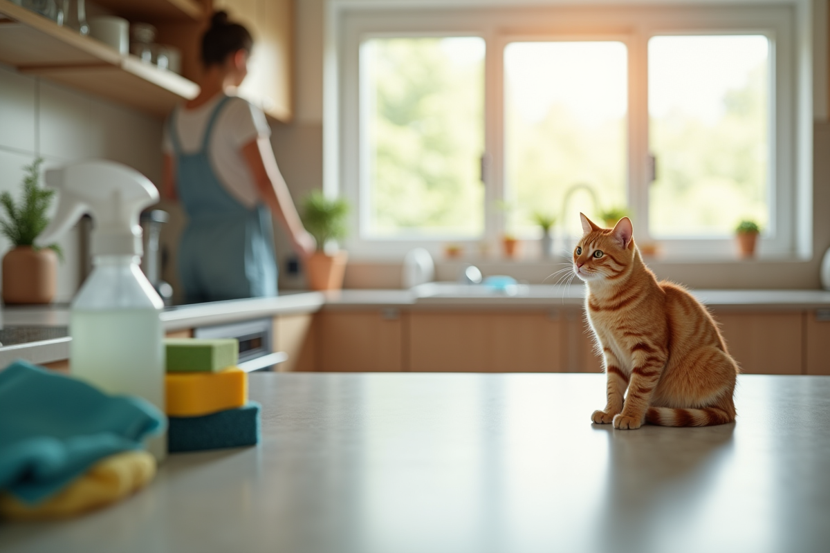 Cuisine ensoleillée avec personne nettoyant et chat curieux