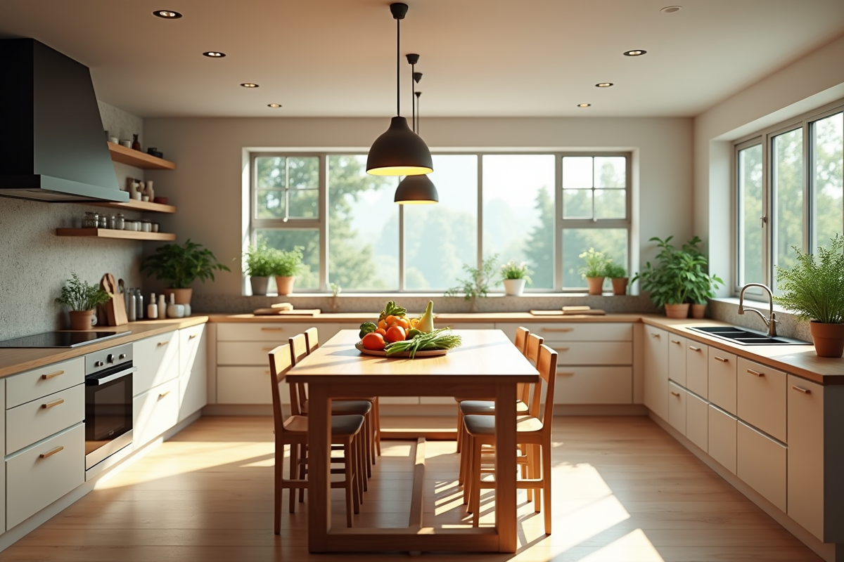 Cuisine moderne avec table en bois et légumes frais