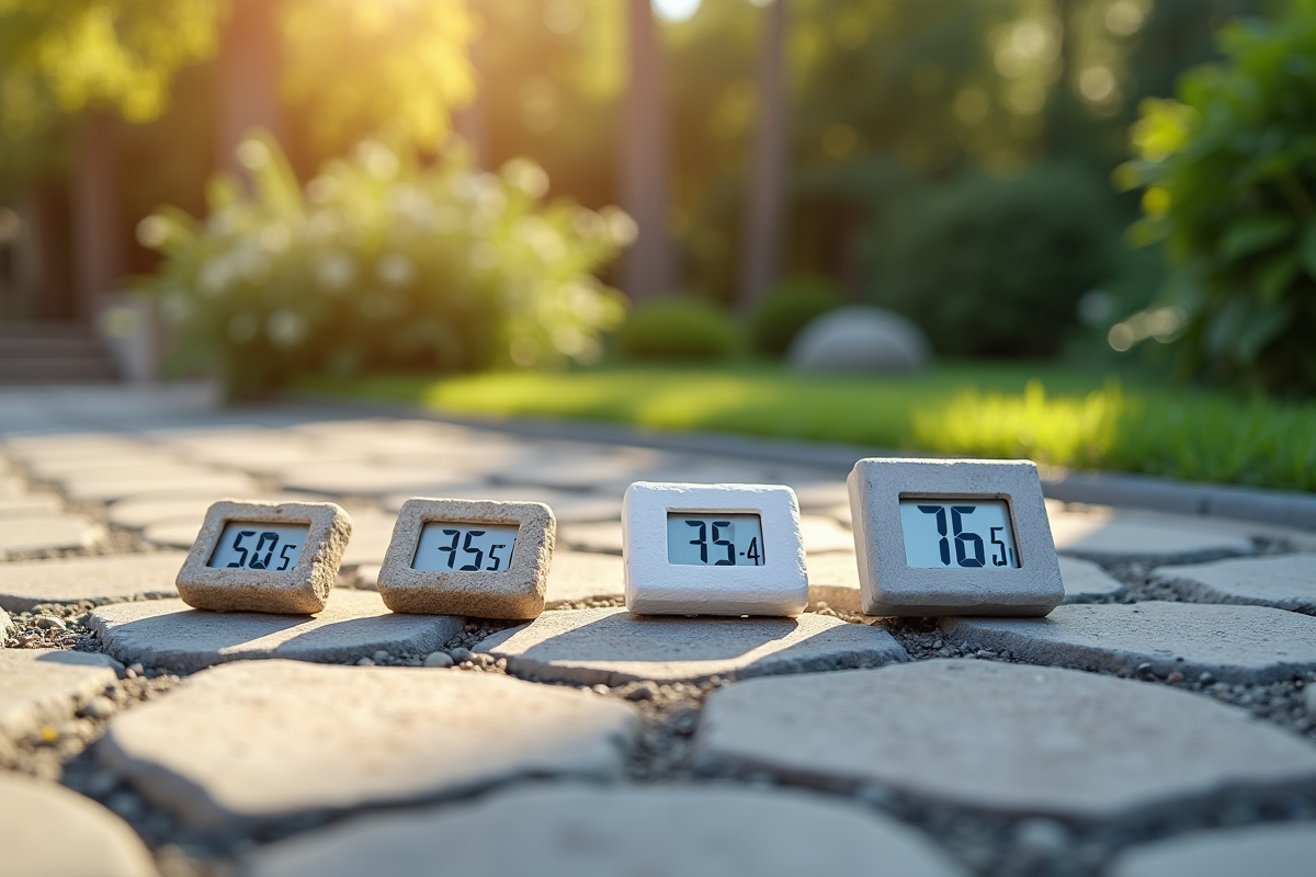 Dalles de pierre avec thermometres en plein soleil dans jardin