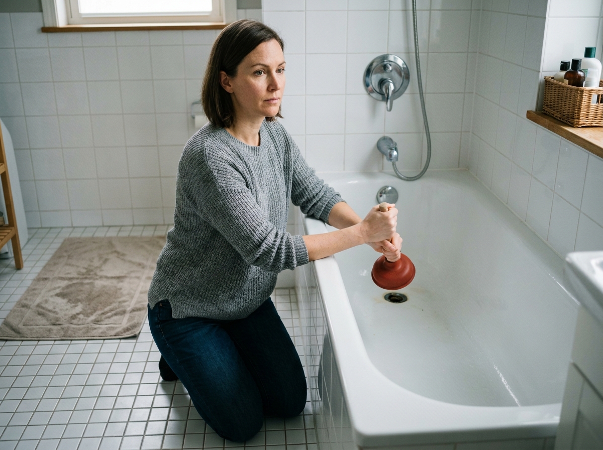 Femme utilisant une ventouse pour déboucher le siphon de baignoire dans une salle de bain carrelée