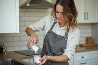 Femme versant du bicarbonate de soude dans un évier de cuisine bouché pour le déboucher naturellement