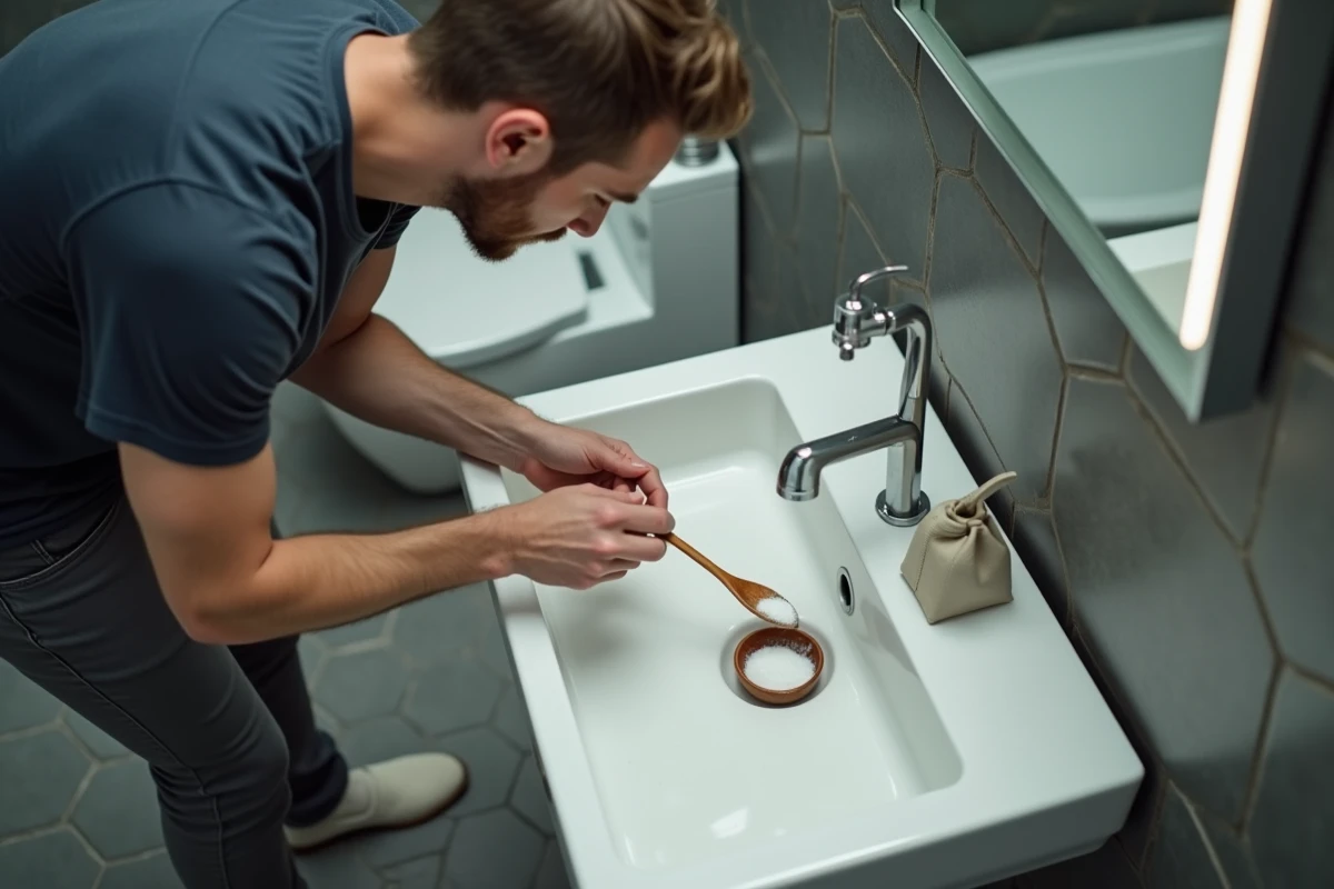 Homme utilisant du bicarbonate de soude pour déboucher un lavabo de salle de bain sans vinaigre