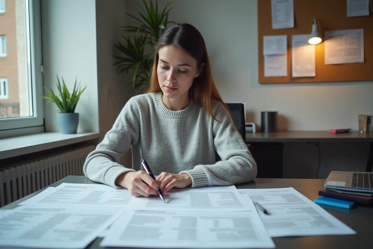 Jeune femme remplissant seule sa déclaration d'impôt sur le revenu dans un bureau à domicile