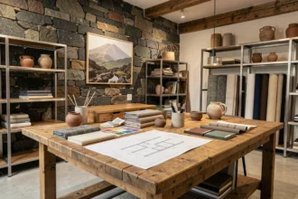 Studio de décoration d'intérieur dans le Puy-de-Dôme avec échantillons de matériaux, palettes de couleurs et mur en pierre volcanique