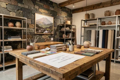 Studio de décoration d'intérieur dans le Puy-de-Dôme avec échantillons de matériaux, palettes de couleurs et mur en pierre volcanique