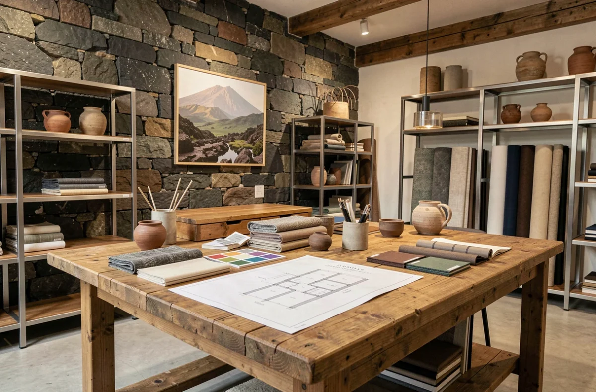 Studio de décoration d'intérieur dans le Puy-de-Dôme avec échantillons de matériaux, palettes de couleurs et mur en pierre volcanique