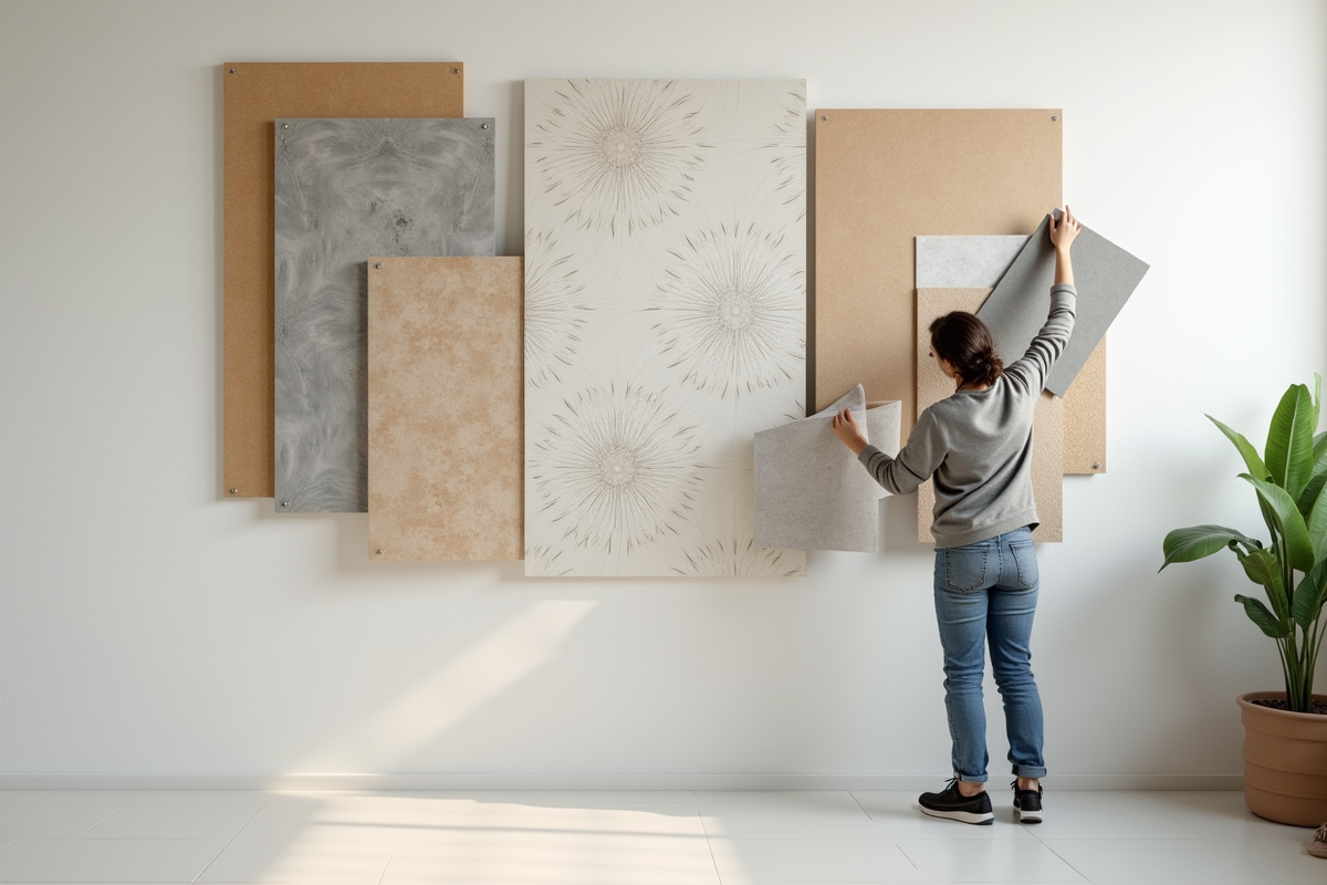 Designer tenant des échantillons de matériaux muraux dans un intérieur lumineux