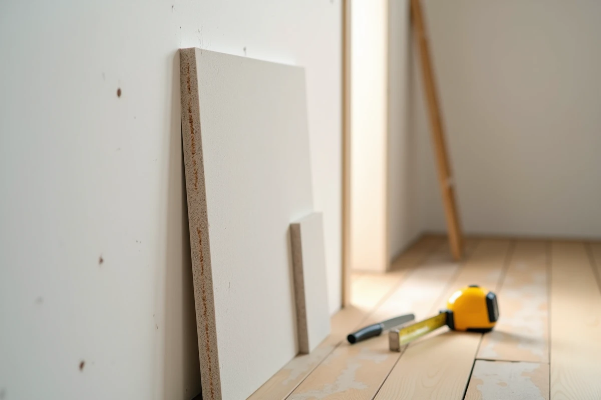 Détail de la coupe d'un panneau de placo isolé révélant les couches de plâtre et d'isolant thermique
