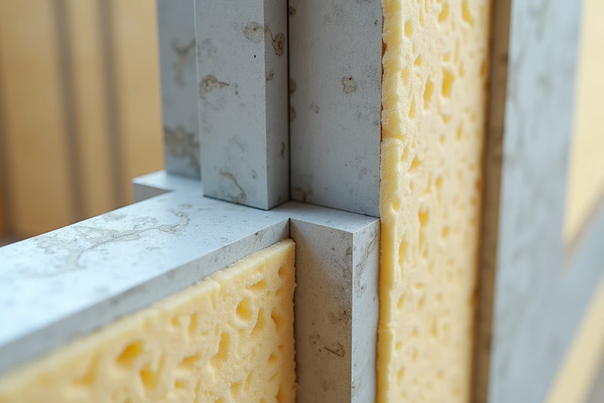 Détail de la jonction entre un profilé demi-stil et un cadre de fenêtre avec bande de rupture de pont thermique