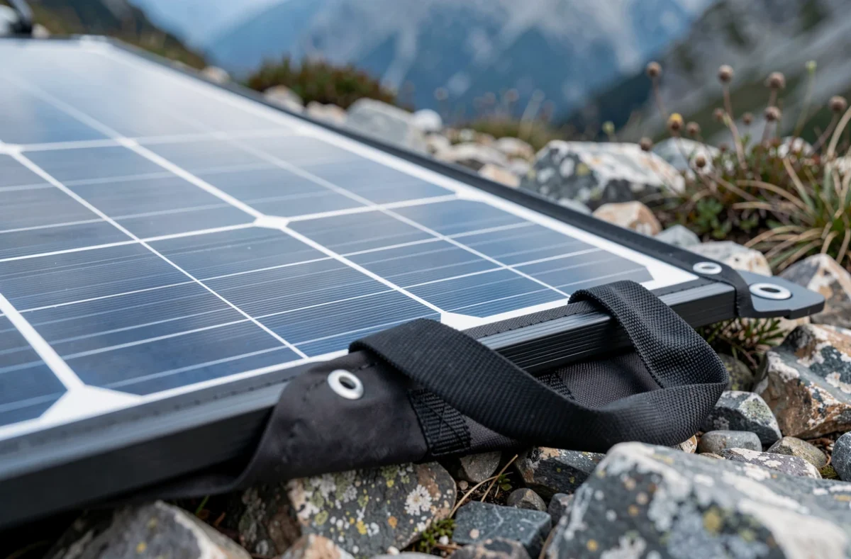 Gros plan sur les cellules et la poignée d'un panneau solaire pliable 400W en terrain montagneux
