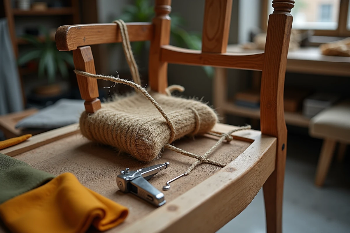 Détail de la structure intérieure d'un fauteuil Voltaire en cours de rénovation avec ressorts et sangles