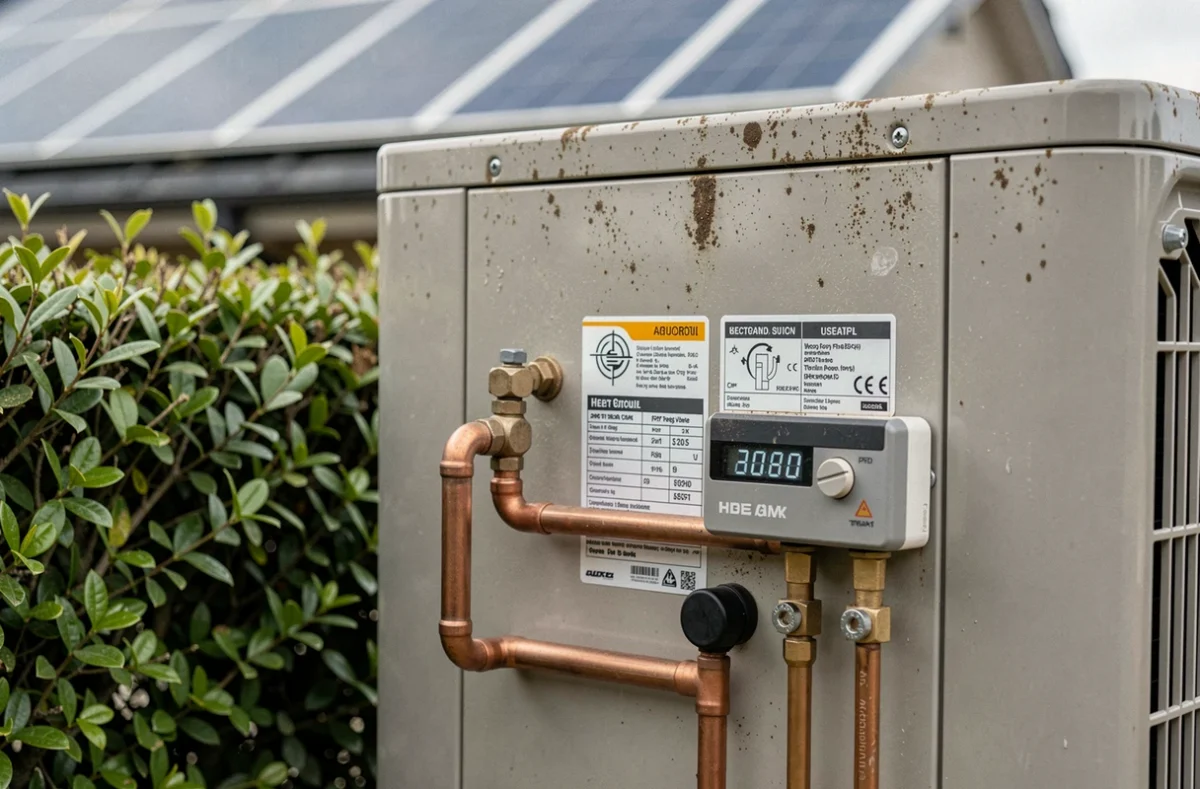 Détail des tuyaux en cuivre et du boîtier technique d'une pompe à chaleur extérieure avec panneaux solaires en arrière-plan