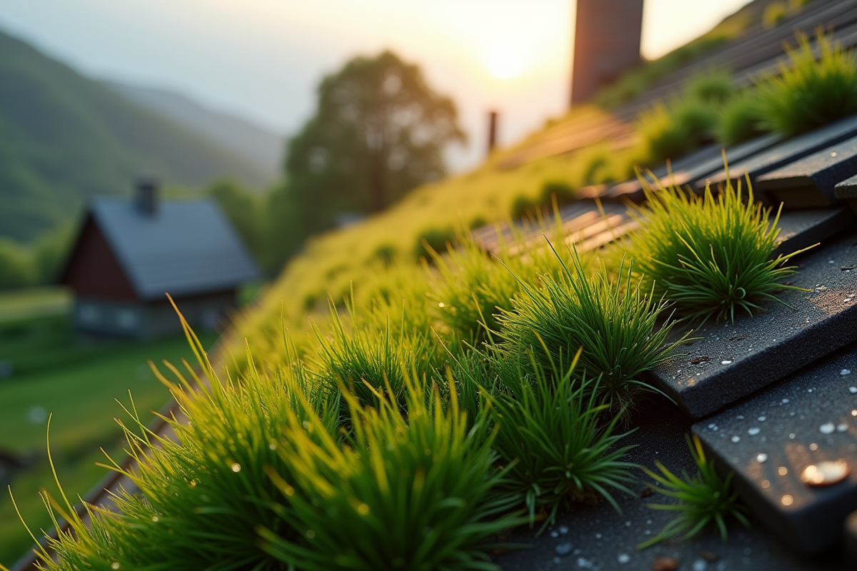 Gros plan sur le toit végétal avec gouttes de rosée en Norvege