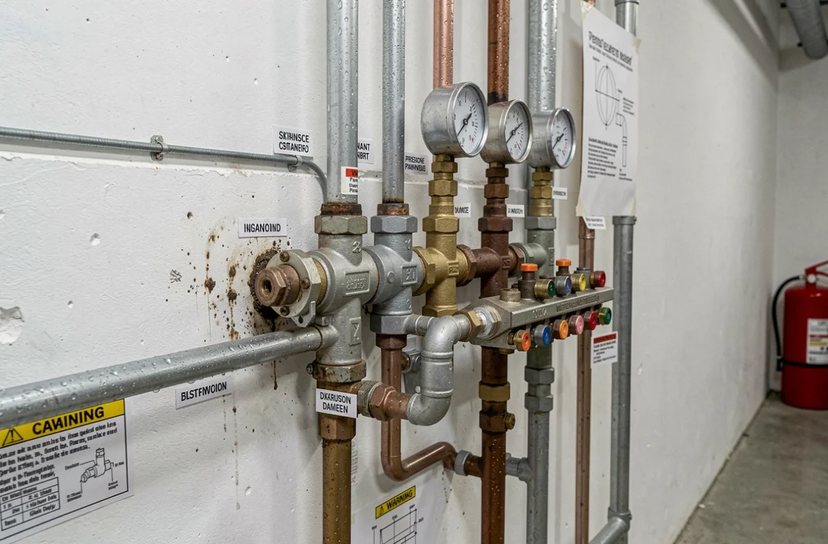 Détail des tuyauteries et jauges d'une installation de pompe à chaleur eau-eau en chaufferie
