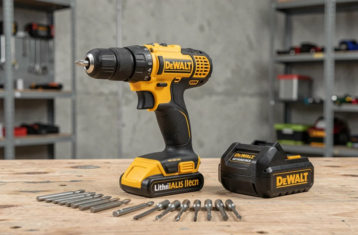 Visseuse DeWalt DCD777S2T-QW avec moteur brushless posée sur un établi avec batterie compacte et embouts de vissage