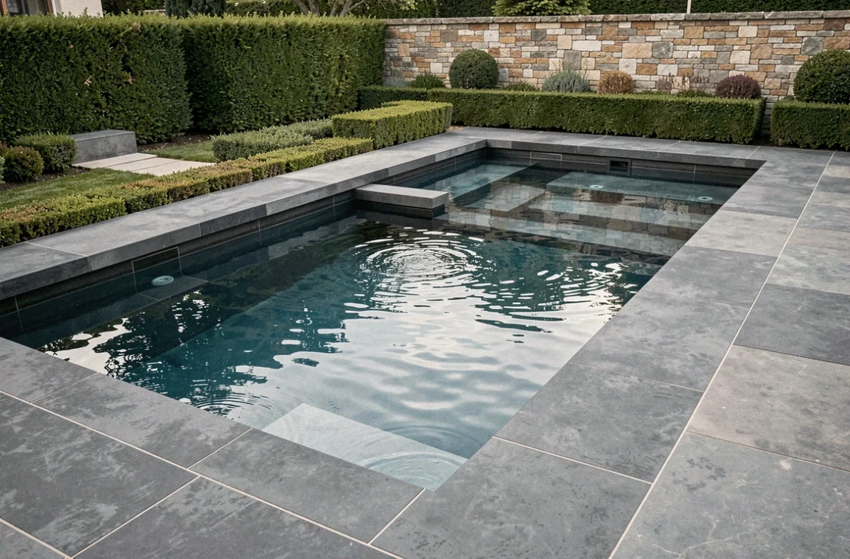 Piscine béton haut de gamme Diffazur avec design géométrique et carrelage anthracite dans une propriété de luxe